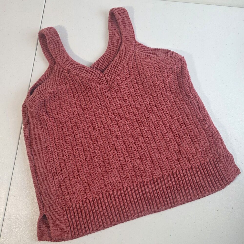 Madewell Cropped Tank Top XS High Neckline Vneck Knit Fitted Dark Rose EUC